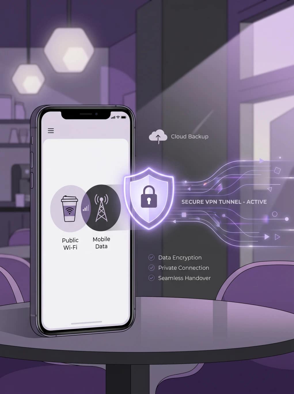 smartphone switching between Wi-Fi and mobile data while VPN privacy tunnel stays active