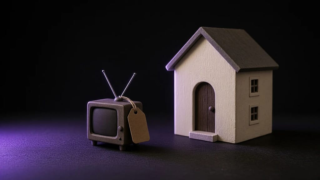 Disney Plus Household Update Limit: “This TV Doesn’t Seem to Be Part of the Disney+ Household” 5 Disney Plus household update limit: a tiny vintage television with a blank luggage tag, left outside the shut front door of a small wooden house