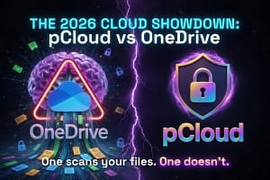 pCloud vs OneDrive 2026 privacy comparison showing Microsoft AI file scanning versus pCloud lifetime storage with Swiss data protection