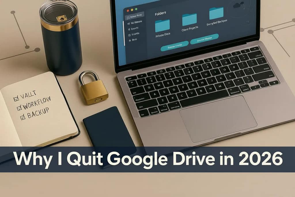 I Quit Google Drive as a result i have a calm British home office desk with an open laptop showing a clean cloud storage interface beside a cup of tea, a locked document folder and a discarded Google Drive sticky note