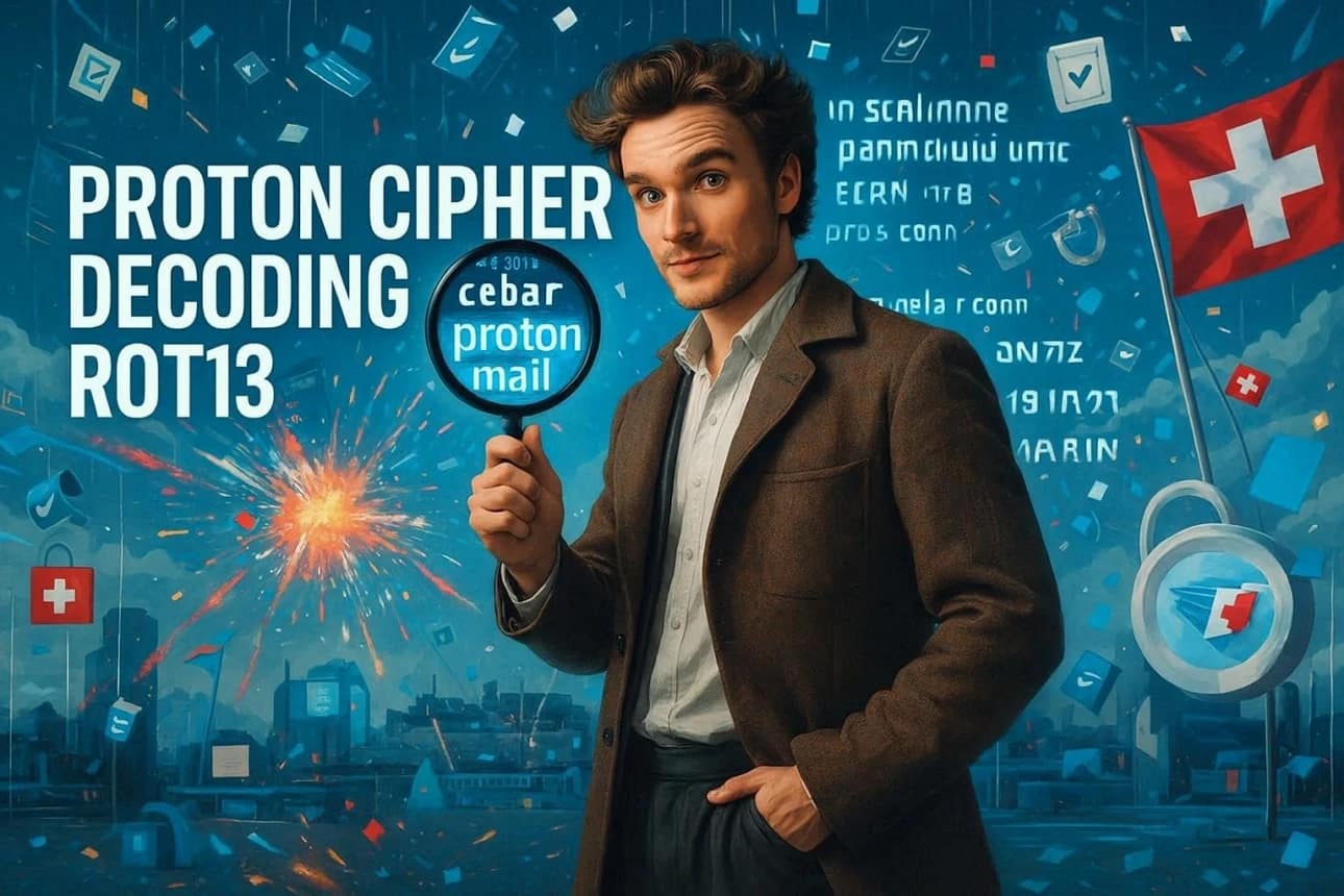 Proton ROT13 April Fools 2026 website cipher prank decoded by Baizaar Lee with padlocks and confetti