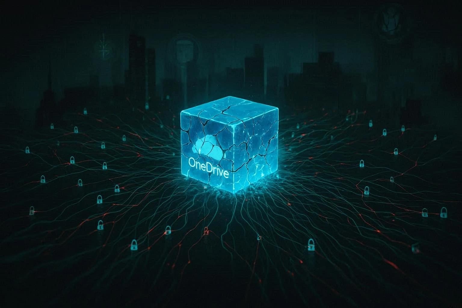 Microsoft logo surrounded by broken padlocks and surveillance data threads on a dark background, representing OneDrive privacy risks in 2026