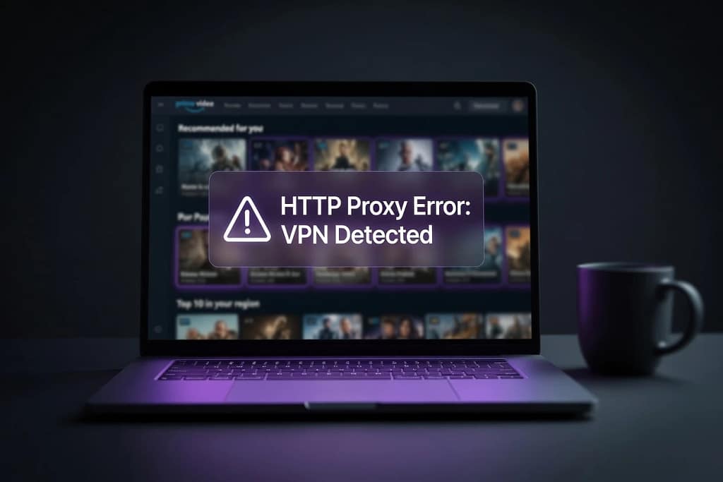 Laptop screen displaying an Amazon Prime Video VPN blocked error message on a dark desk.