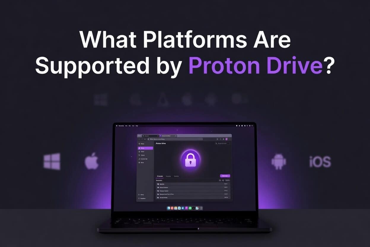 Title text What Platforms Are Supported by Proton Drive? Multiple devices showing a privacy focused cloud storage workflow across platforms