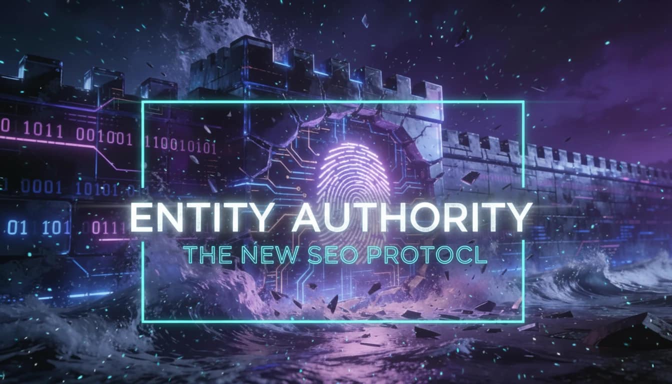 Cyber-noir illustration of a digital fortress with glowing text for the topic of 'Entity SEO' symbolizing brand protection against AI hallucination.