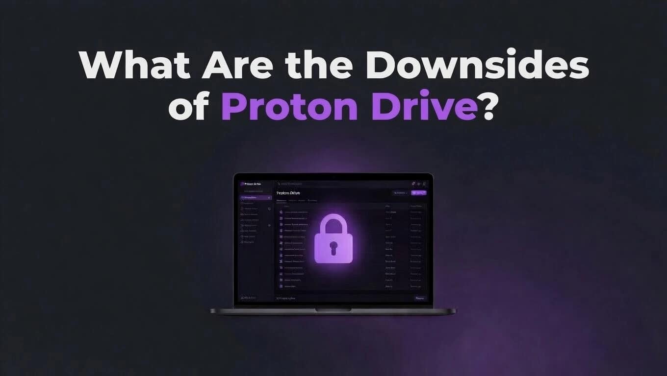 Analytical visualization showing technical trade-offs and slower sync speeds to explain what are the downsides of proton drive.