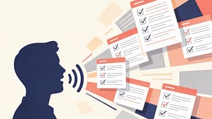 Illustration of voice waves transforming into structured task cards, representing Todoist Ramble ADHD voice hacks for working memory.