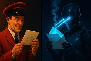 decure AI email tools illustration comparing SaneBox's header-only privacy approach (British postman reading envelope) versus standard AI assistants that scan email content (robot steaming open envelope)