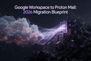 Abstract conceptual illustration representing a secure Google Workspace to Proton Mail corporate data migration from a public cloud to a private Swiss server.