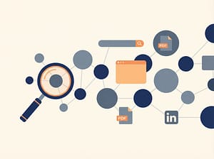 Abstract illustration of OSINT for GTM leaders showing magnifying glass analysing interconnected digital business intelligence sources