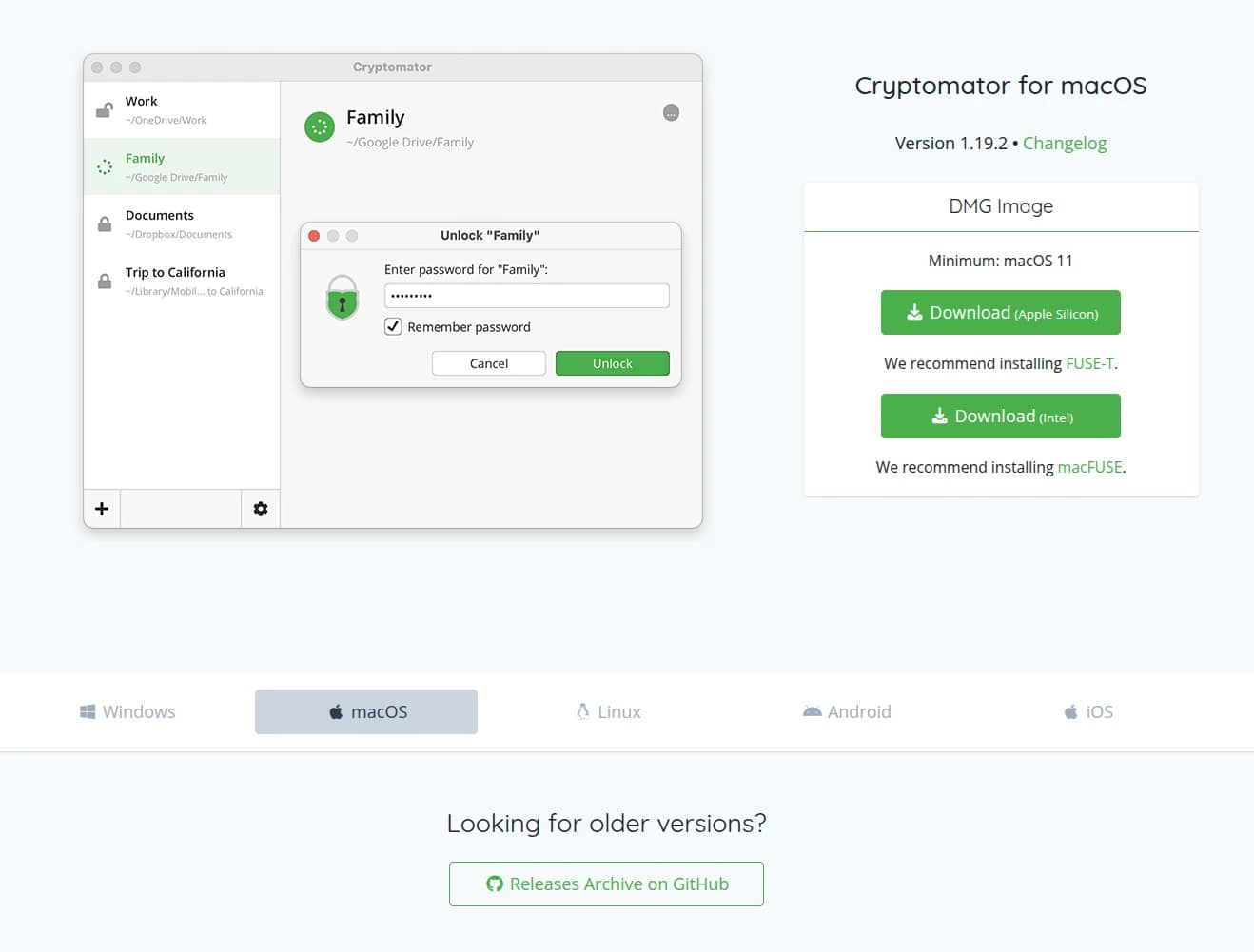 Cryptomator desktop download page showing Windows macOS and Linux installer options for pCloud encryption setup