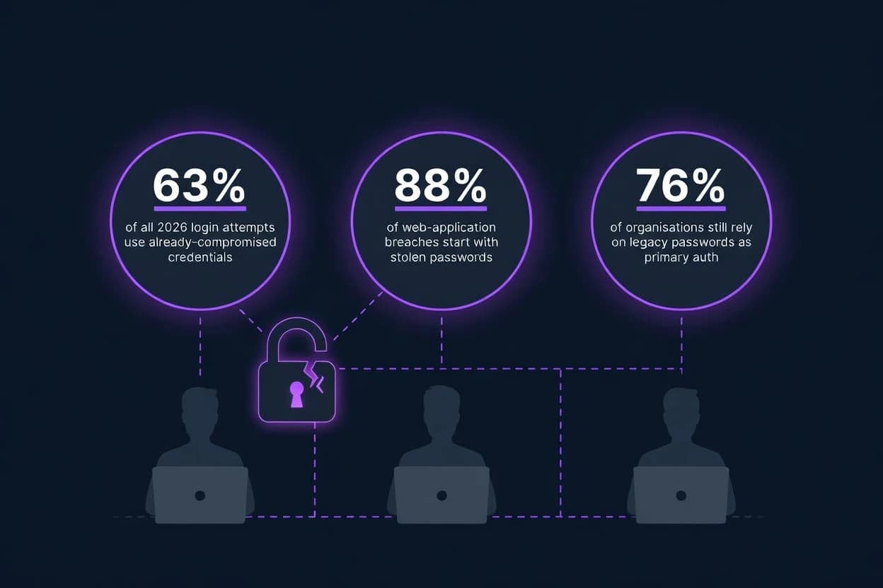 Password breach risk statistics 2026: 63% of logins use compromised credentials, 88% of web breaches start with stolen passwords