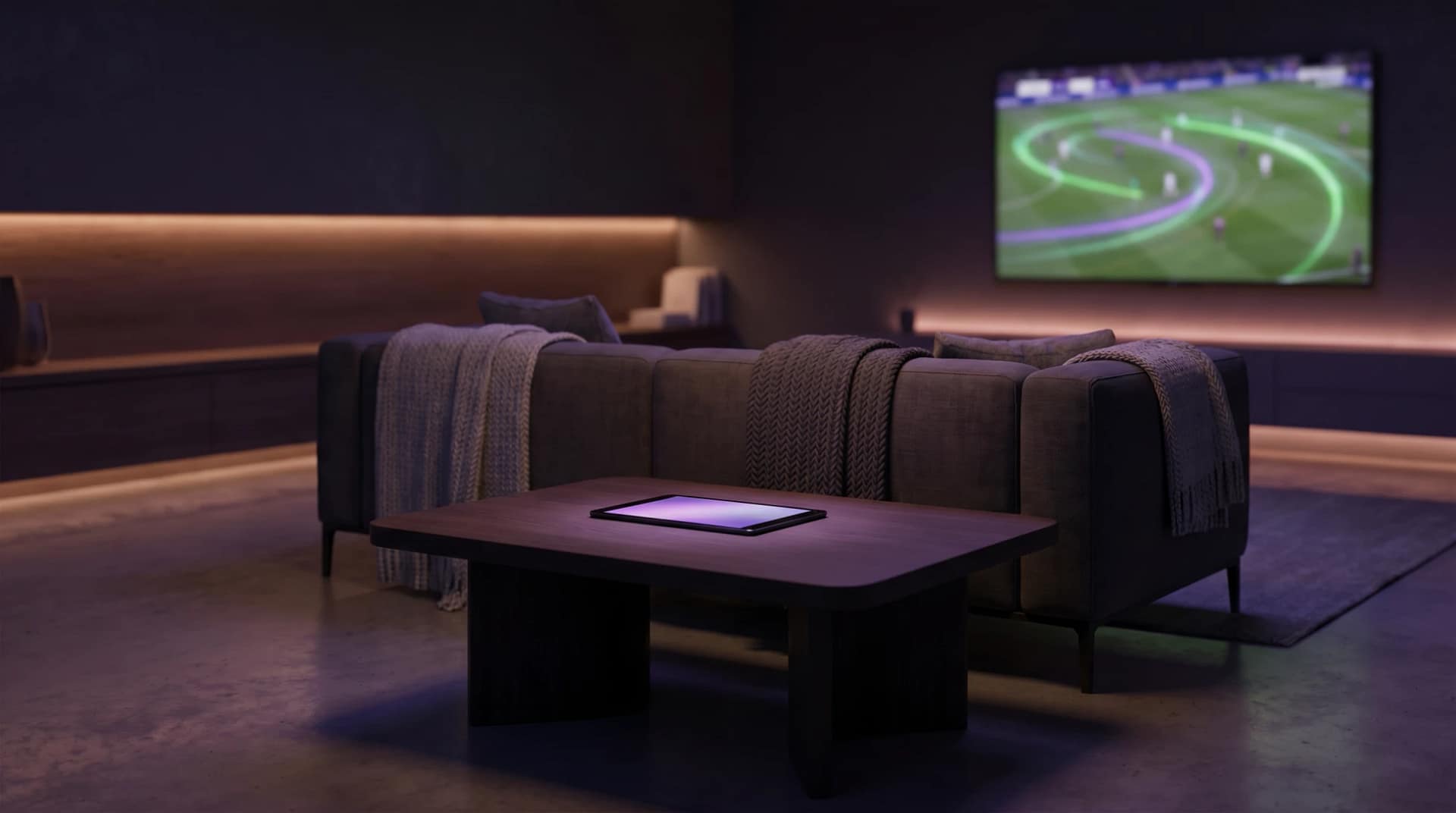 Simple 10-Minute VPN Setup A relaxing living room setup with a smart TV and a smartphone glowing purple, showing the easy setup for World Cup VPN streaming.