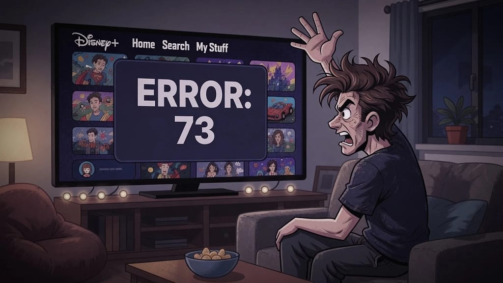 Person frustrated by Disney Plus Error 73 VPN block on streaming device in 2026