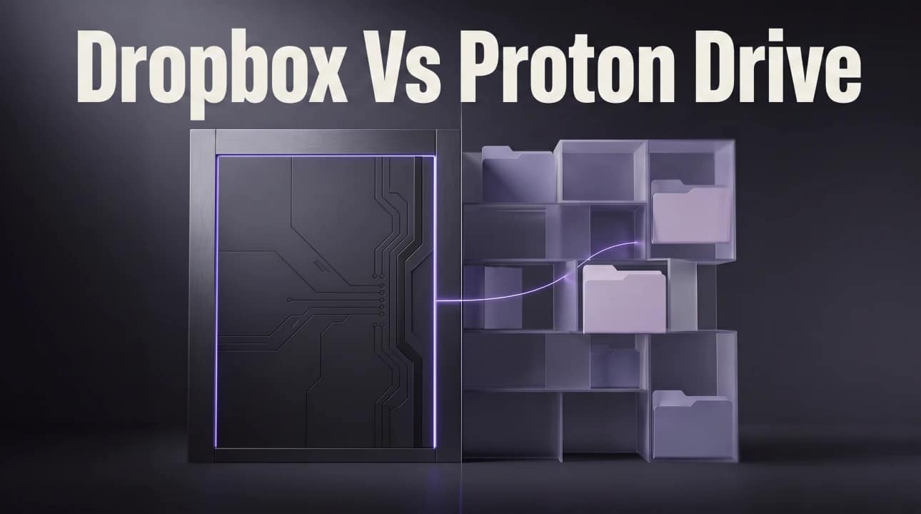 Dropbox vs Proton Drive 2026 comparison, split vault and network illustration