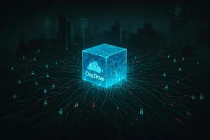 OneDrive Privacy Risks 2026: What Microsoft Changed 1 Microsoft logo surrounded by broken padlocks and surveillance data threads on a dark background, representing OneDrive privacy risks in 2026