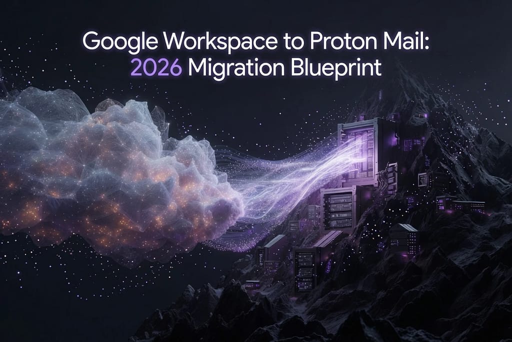 Abstract conceptual illustration representing a secure Google Workspace to Proton Mail corporate data migration from a public cloud to a private Swiss server.