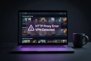 Laptop screen displaying an Amazon Prime Video VPN blocked error message on a dark desk.