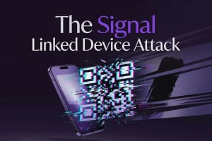 A visual representation of a Signal linked device attack showing a malicious QR code overriding a secure chat interface.