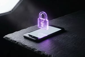 A conceptual illustration representing the signal uk device scanning warning, showing a smartphone encased in a shattered purple padlock.