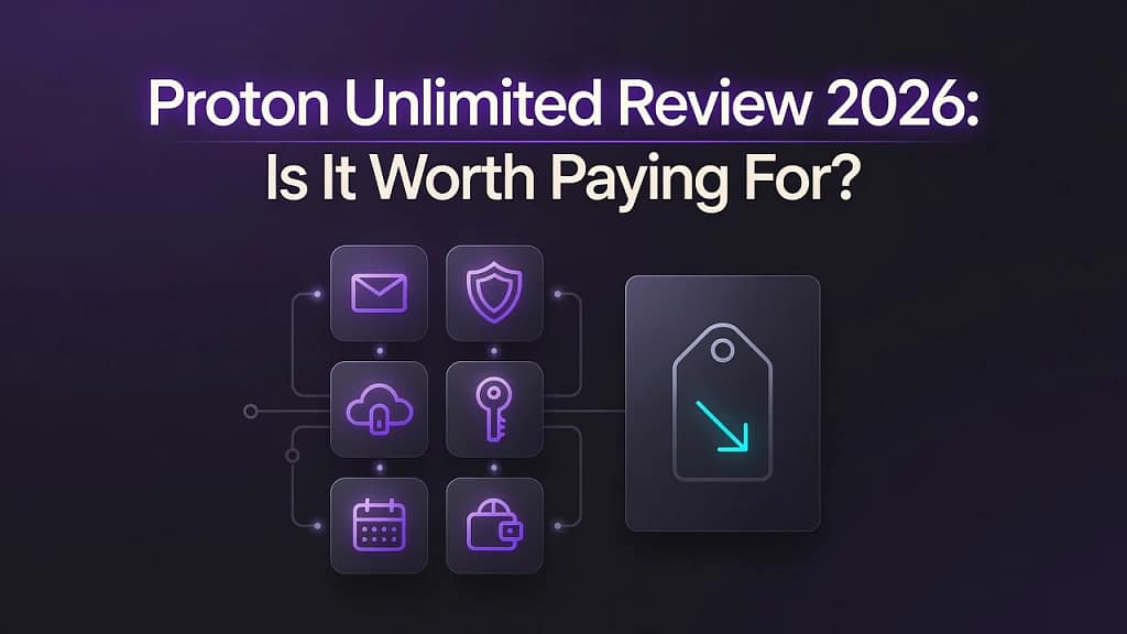 Proton Unlimited Review 2026: Is It Worth Paying For? 2 Proton Unlimited Review 2026 header illustration showing the six-service privacy bundle beside a price saving