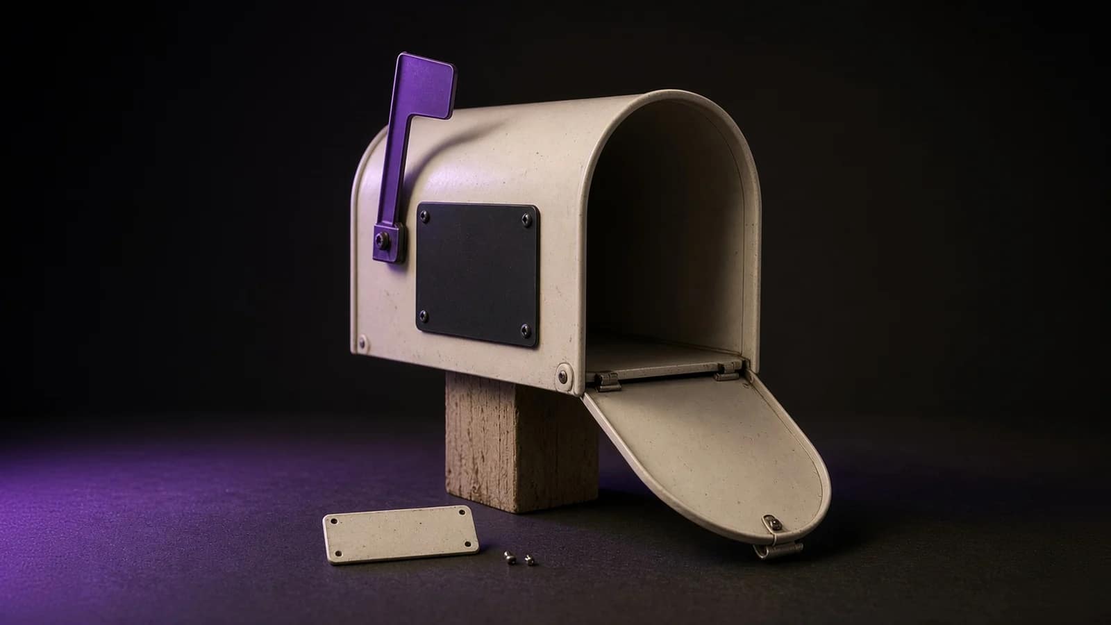 HBO Max account hacked: a small cream mailbox with its door hanging open and a blank dark plate screwed over the old name plate, which lies prised off on the table below