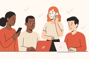 Team mastering time management at work using Todoist on laptops and mobiles, colourful workspace illustration, bright productivity vibe.