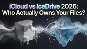 iCloud vs IceDrive 2026: The Best Way to Own Your Files 4 iCloud Vs IceDrive 2026 comparison header showing a melting matte grey cube with a bitten corner on the left connected by flowing streams containing frozen fragments to a natural arctic iceberg on the right, symbolising data migration and file ownership.