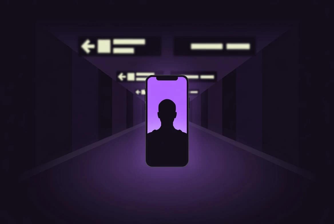 Illustration of a smartphone glowing purple in a dark airport corridor, representing the GrapheneOS duress password border search case