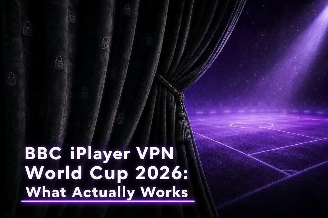 Charcoal theatre curtain drawn back to reveal a glowing violet football pitch, symbolising BBC iPlayer VPN World Cup 2026 access