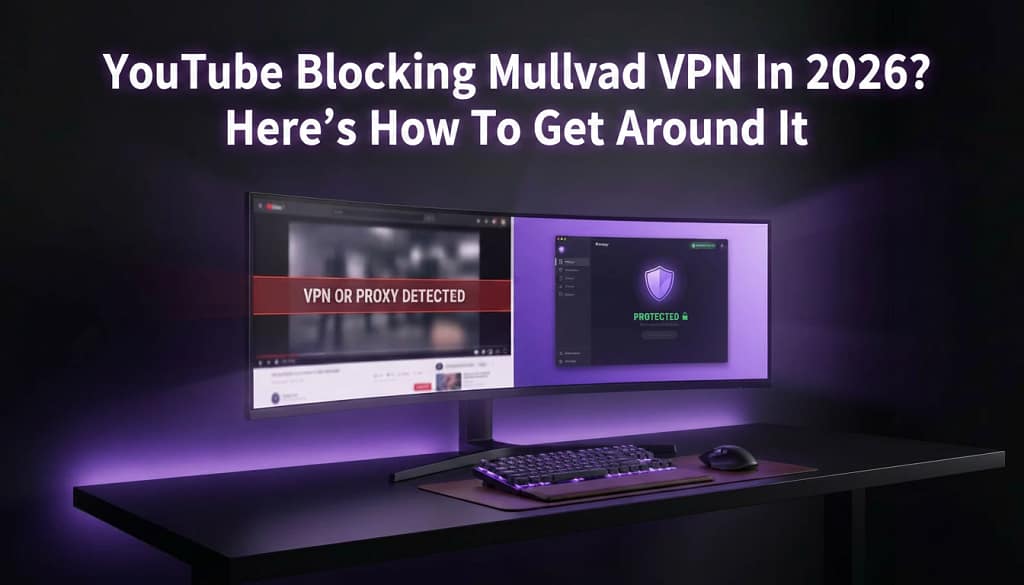 YouTube blocking Mullvad VPN warning on a laptop screen with a Proton VPN privacy alternative shown beside it