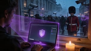 A realistic London home office desk with a laptop showing a secure user protected after reading BAIZAAR's Proton VPN UK review, representing Paranoid Productivity and digital sovereignty in the UK.