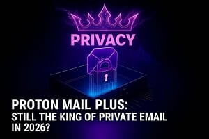 Neon violet padlock floating above an encrypted inbox tray with Swiss Alps silhouette, representing this Proton Mail Plus Review 2026 with its zero-access encryption architecture.