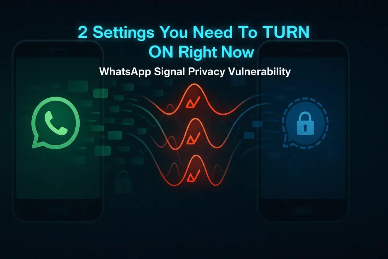 WhatsApp Signal Privacy Vulnerability: Silent Tracking Attack Exposed (2026) 5 Abstract visualization showing WhatsApp and Signal messaging apps with delivery receipt vulnerability and timing attack patterns highlighted in red against encrypted data flow