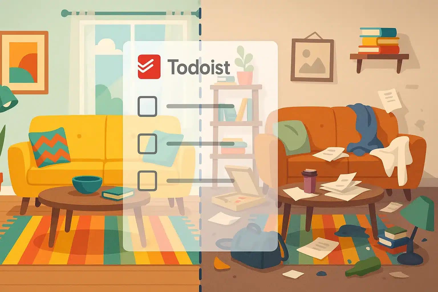 Before and after of ADHD home organization using Todoist checklist