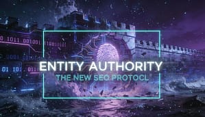 Cyber-noir illustration of a digital fortress with glowing text for the topic of 'Entity SEO' symbolizing brand protection against AI hallucination.