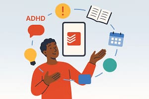 Illustration of a Todoist ADHD user organising tasks with Todoist app
