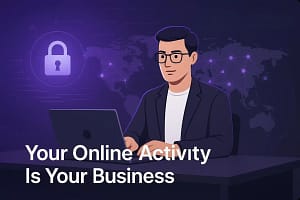 Baizaar tools and Proton VPN hero header showing confident professional with laptop surrounded by digital security elements including lock icons and global server network visualization