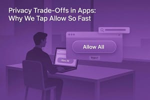 Frustrated man facing overlapping app consent banners on laptop, illustrating privacy trade-offs in apps and fatigue in 2026