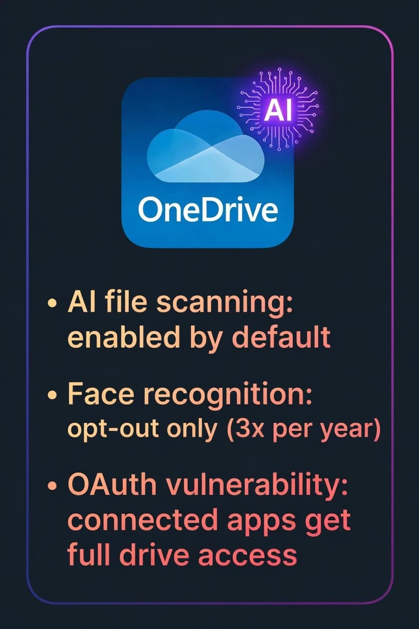 Microsoft OneDrive April 2026 changes including AI file scanning enabled by default, face recognition opt-out only three times per year, and OAuth vulnerability giving connected apps full drive access
