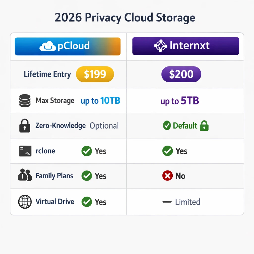 pCloud or Internxt for Lifetime Storage: Privacy Bake-off 2026 2 pCloud or Internxt for Lifetime comparison table infographic