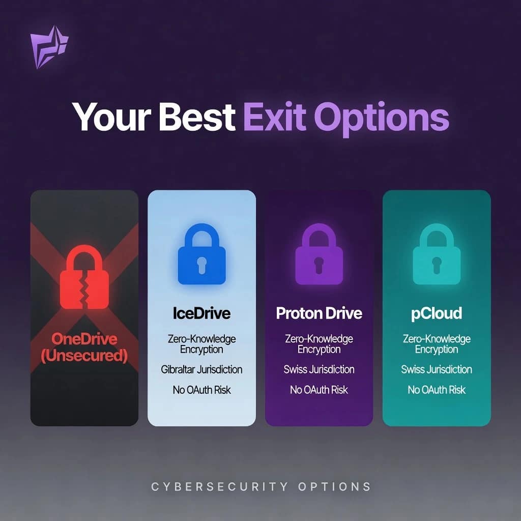 OneDrive Phishing Risk 2026: Terrifying Microsoft OAuth Flaw 5 Privacy comparison of OneDrive alternatives addressing the OneDrive phishing risk 2026: IceDrive vs Proton Drive vs pCloud zero-knowledge encryption