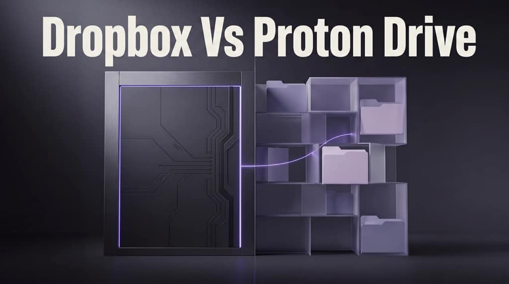 Dropbox vs Proton Drive 2026: Which Wins? 7 Dropbox vs Proton Drive 2026 comparison, split vault and network illustration