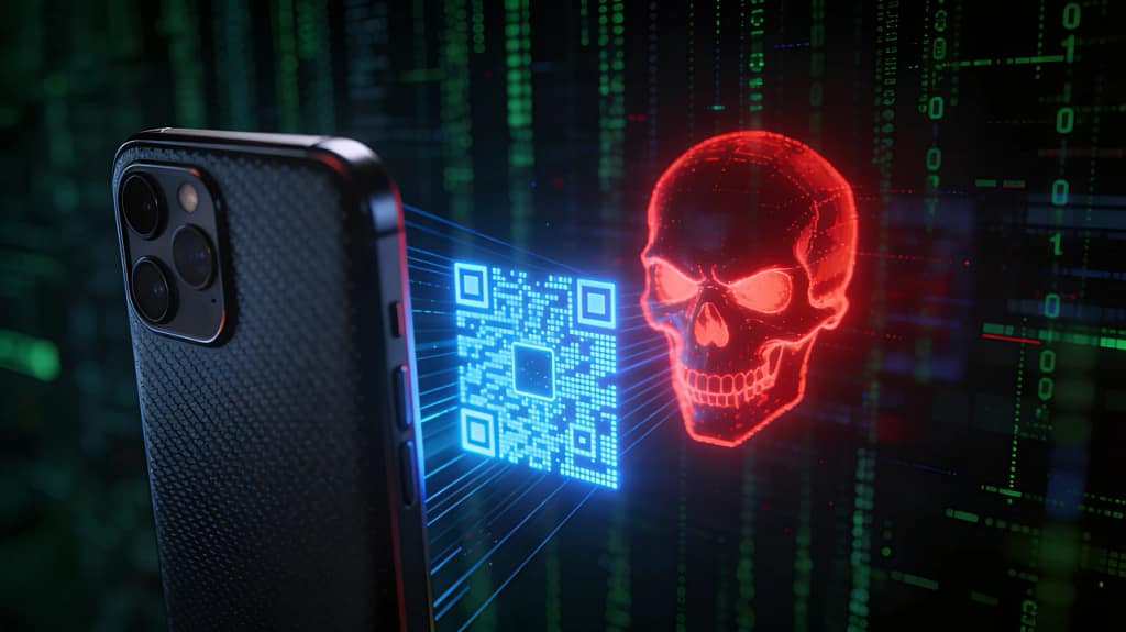 Smartphone scanning a malicious QR code representing a Signal quishing attack