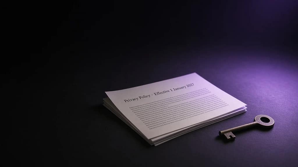 Dropbox Privacy Policy Changes 2026: What Changed, and What Was Already There 2 Dropbox privacy policy changes 2026 shown as a policy document on a matte black desk with a single brass key lying beside it, lit in violet