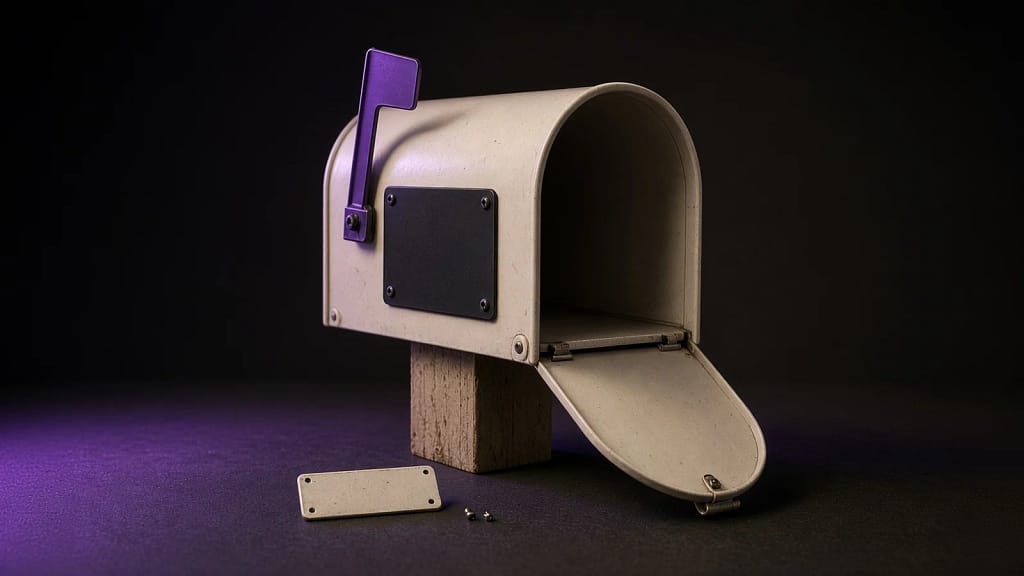 HBO Max Account Hacked? What to Do When the Email Has Been Changed 2 HBO Max account hacked: a small cream mailbox with its door hanging open and a blank dark plate screwed over the old name plate, which lies prised off on the table below
