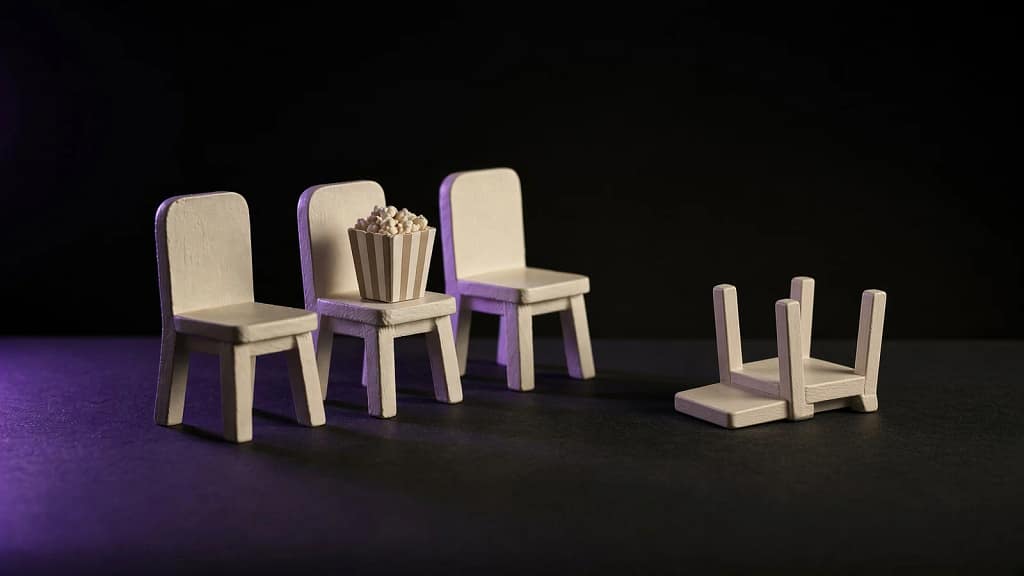 How to Kick Someone Off Netflix, HBO Max or Disney+ (2026) 5 Kick someone off Netflix and HBO Max: three small wooden chairs in a row with a popcorn carton on the middle seat, and a fourth chair knocked over upside down a little way off