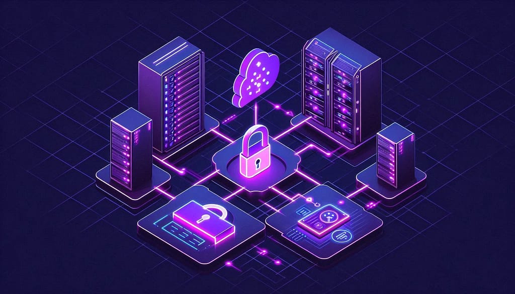 Proton Mail Plus Review 2026: Is It Worth It? 4 Isometric diagram of encrypted data streams flowing through a central padlock between two email envelopes, with a Swiss cross shield, illustrating how Proton Mail end-to-end encryption works