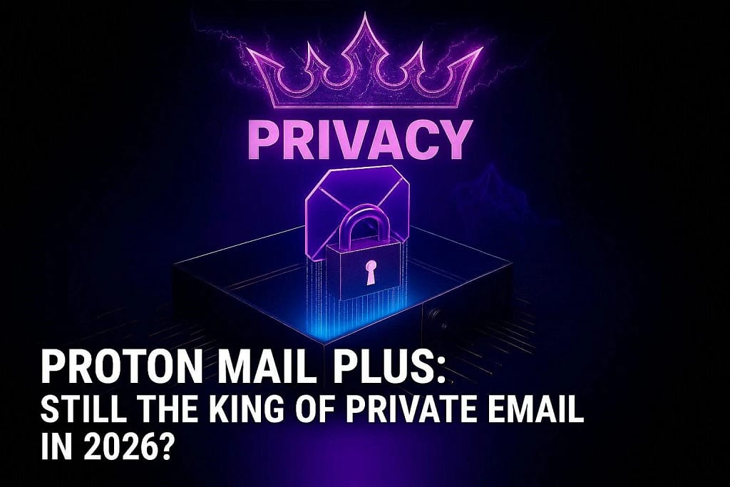 Proton Mail Plus Review 2026: Is It Worth It? 3 Neon violet padlock floating above an encrypted inbox tray with Swiss Alps silhouette, representing this Proton Mail Plus Review 2026 with its zero-access encryption architecture.