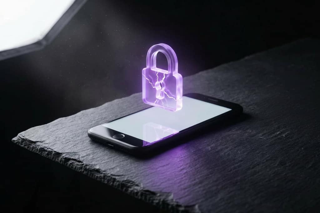 7 Brutal Signal UK Device Scanning Facts Exposed 1 A conceptual illustration representing the signal uk device scanning warning, showing a smartphone encased in a shattered purple padlock.